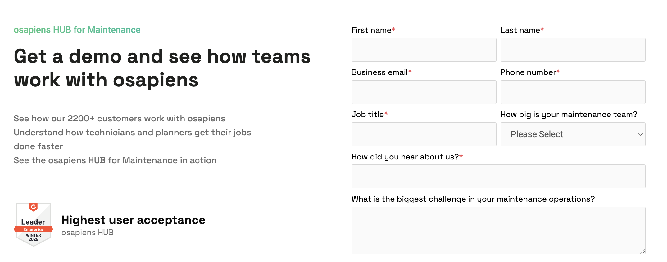 osapiens demo-request form with a required "How did you hear about us?" field