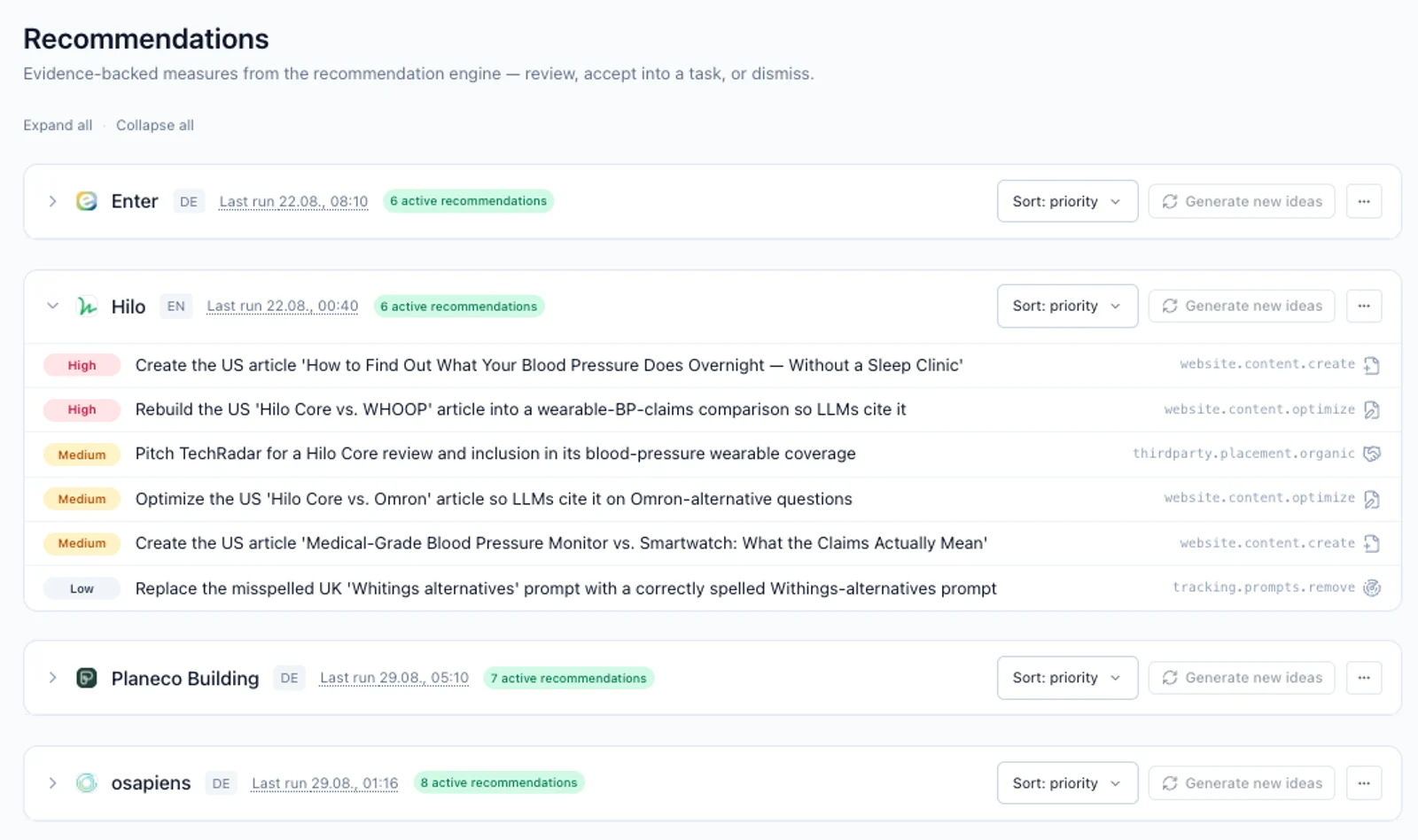 The recommendation engine in our cockpit, listing prioritised measures per client account