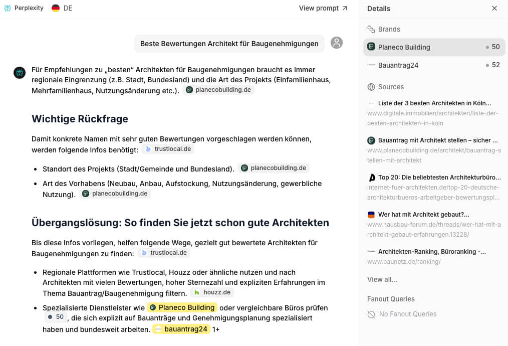 ChatGPT response citing Planeco Building