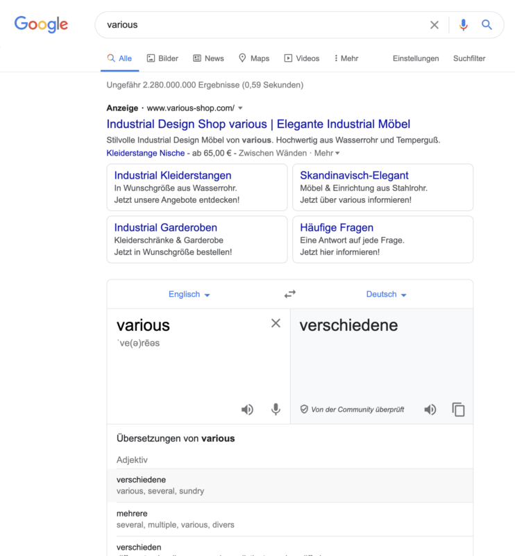 Suchergebnis bei Google für Suche nach „various“ mit Übersetzer