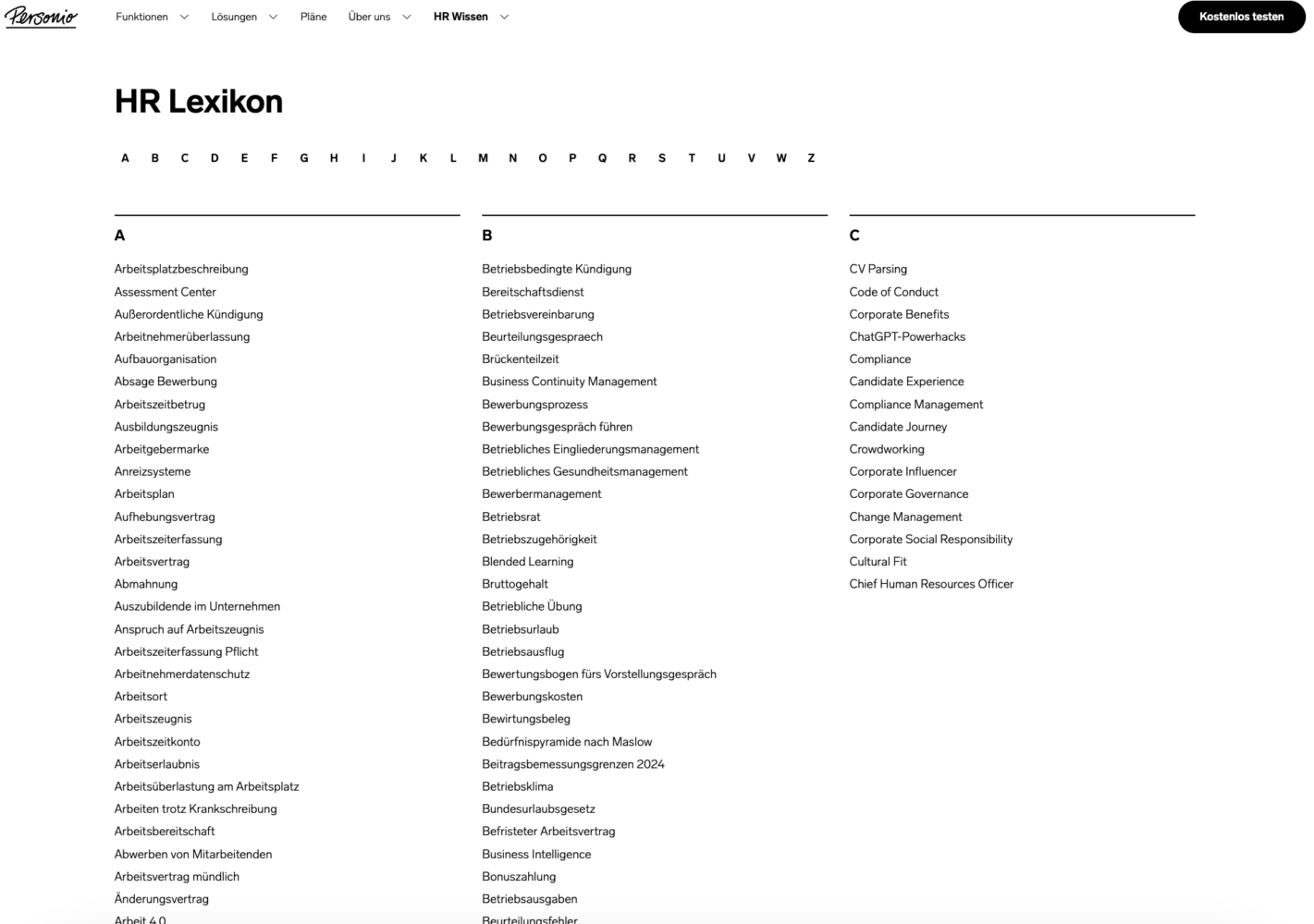 Overview page of Personio's HR lexicon